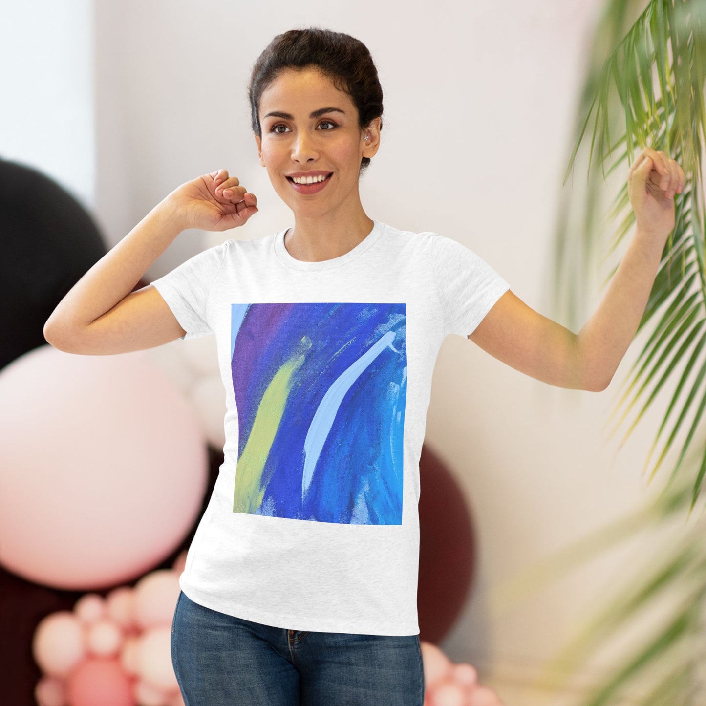 Women’s Abstract Art T-Shirt | Cool Tone Modern Graphic Tee with White Brush Strokes