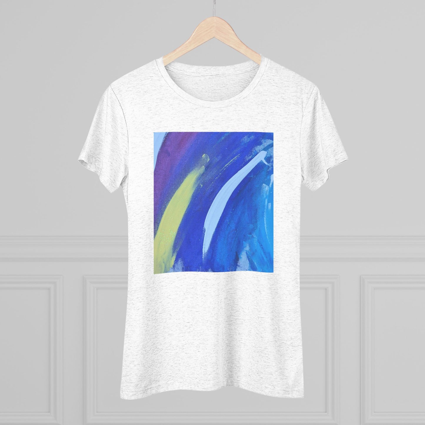 Women’s Abstract Art T-Shirt | Cool Tone Modern Graphic Tee with White Brush Strokes