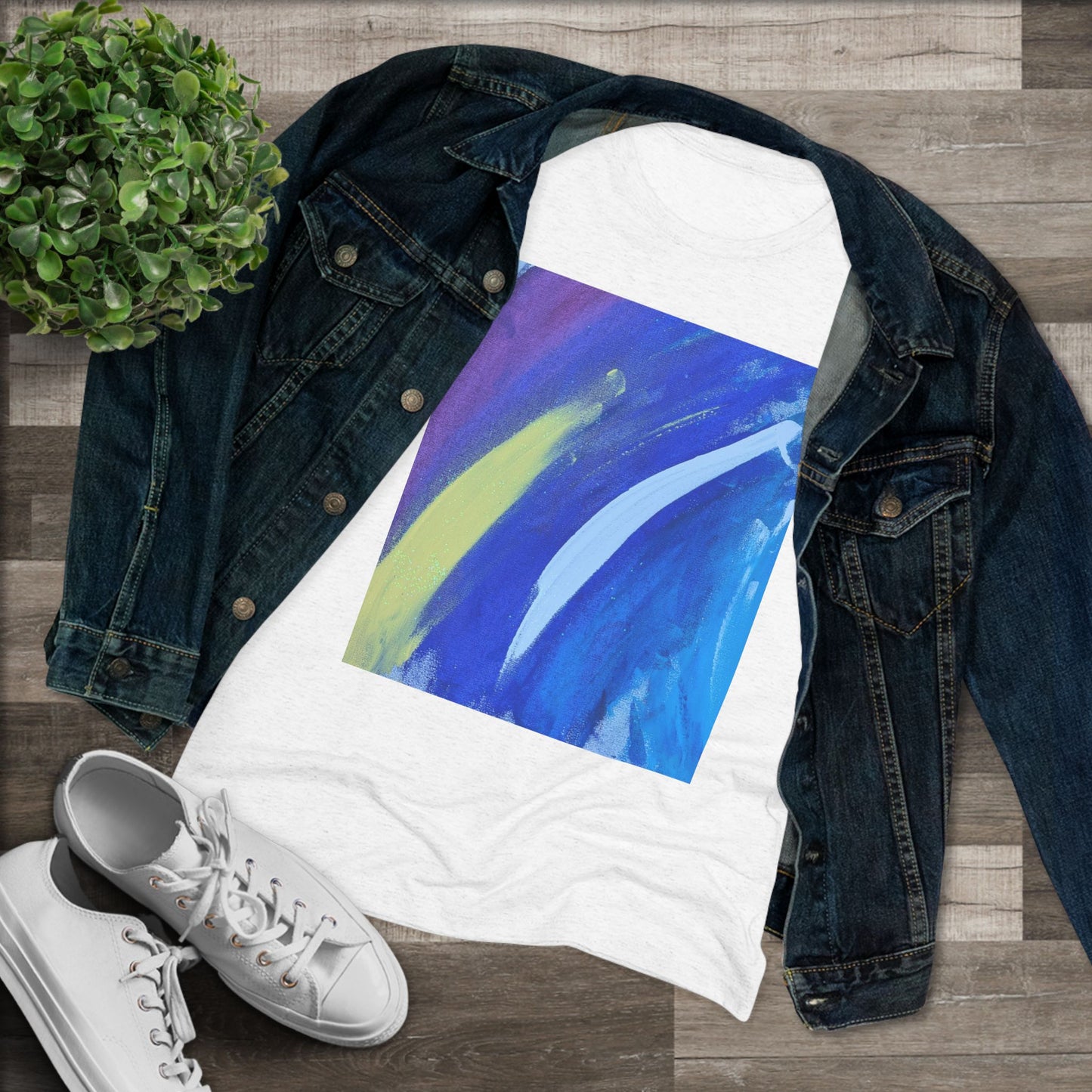 Women’s Abstract Art T-Shirt | Cool Tone Modern Graphic Tee with White Brush Strokes